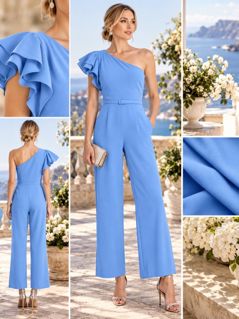 Anne Klein One Shoulder Ruffle Wide Leg Jumpsuit Seaport Blue Size 6 NWT